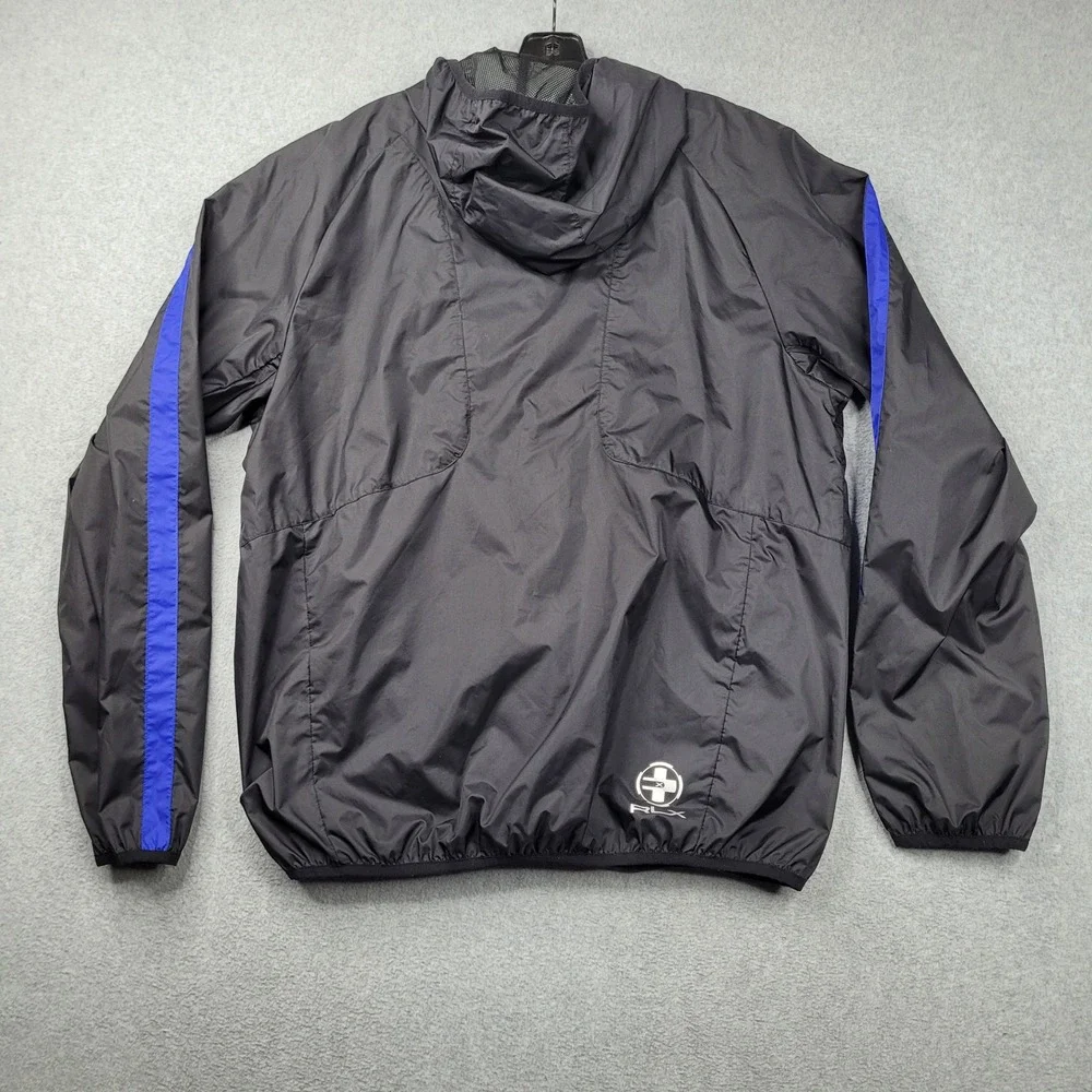 RLX Ralph Lauren Windbreaker Mens Large Black Blue Stripe Hooded Full Zip Jacket